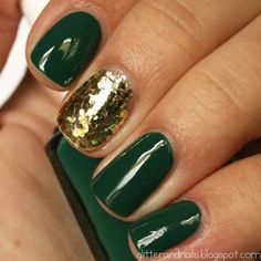 perfect Slytherin Nails, St Patricks Day Nails, Gold Glitter Nails, Glam And Glitter, Gold Nails, Stiletto Nails, Green Nails, Holiday Nails, Nail Lacquer