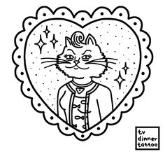 a black and white drawing of a cat in a heart shaped frame with stars on it