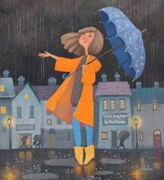 a painting of a girl holding an umbrella in the rain with buildings and street lights behind her