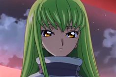 an anime character with long green hair and yellow eyes looks at the camera while standing in front of clouds