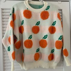 Brand New! Never Worn Cute Crew Neck Sweater With Orange Fruit Fruit Clothes Aesthetic, Lemon Sweater, Fruit Sweater, Fruity Fashion, Fruit Clothes, Fruit Clothing, Cute Crew Neck, Orange Fruit