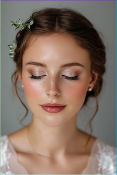 a woman with her eyes closed and flowers in her hair, wearing a white dress