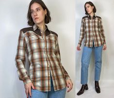 -->DESCRIPTION<-- Vintage 90s super cute classic brown plaid western top with flattering long, slim cut and the fabric has little diamond details! Tag says Lee Cooper. -->CONDITION<-- Great condition! -->SIZE<-- Marked small, can also fit a smallish medium -->FABRIC<-- Cotton Measurements taken with garment laying flat, please double sizes of bust, waist and hips to fits the body (we suggest you compare measurements to a fitting item that you already have:) Bust: 20 inches Waist: 19 inches Lengt Western Style Brown Tops For Ranch, Vintage Brown Tops For Ranch, Fitted Plaid Western Tops, Fitted Western Plaid Tops, Western Plaid Tops For Ranch, Western Top, Western Vintage, Western Tops, Lee Cooper