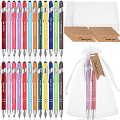 assorted colored pens in organ bag with tags and drawsewl for sale on white background