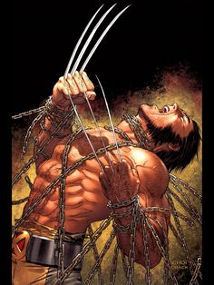 wolverine the man with claws on his chest is chained to chains and has his head down