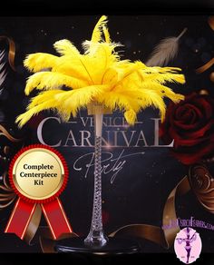 a tall glass vase filled with yellow feathers and a red ribbon around the bottom that says vice carnival