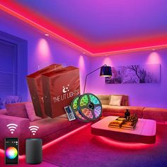 the living room is lit up with purple lighting and wifi connected to various devices