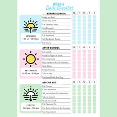 the daily checklist is shown in pink, blue and green with sun on it