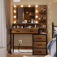 a vanity with lights on it in a bedroom