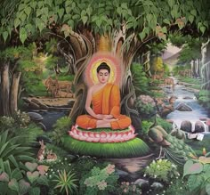 a painting of buddha sitting in the middle of a forest surrounded by animals and trees