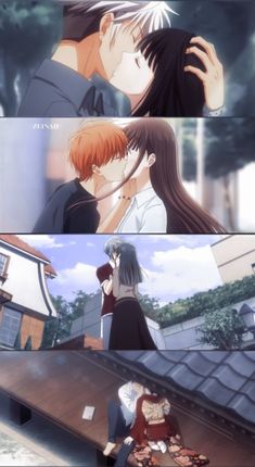 an anime scene with two people kissing and one is holding the other's head