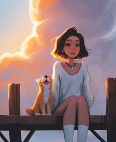 a woman sitting on top of a wooden dock next to a small dog and cat