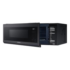 a black microwave oven with its door open