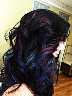 Dark Hair With Fashion Color, Black Hair With Oil Slick, Dark Hair With Bright Colors, Asian Colorful Hair, Black And Fashion Color Hair, Dark And Colorful Hair, Brown Hair With Bright Colors, Black And Colorful Hair, Dark Hair With Colorful Highlights