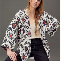 Anthropologie Eleanor Kimono Jacket Nwt Size L With A Draped, Easygoing Fit, This Kimono Jacket Features A Striking Botanical Motif That Delivers Timeless Sophistication. Lyocell; Polyester Fill Viscose Lining Dolman Sleeves Side Slant Pockets Open Front Machine Wash Imported White Floral Print Outerwear For Fall, Casual White Kimono With Kimono Sleeves, Oversized Bohemian Outerwear For Day Out, Bohemian Oversized Outerwear For Day Out, Floral Print Relaxed Fit Outerwear For Fall, White Cotton Outerwear With Kimono Sleeves, Relaxed Fit Floral Print Outerwear For Fall, Oversized Casual Kimono For Daywear, Casual White Floral Print Kimono