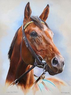 a painting of a brown horse wearing a bridle