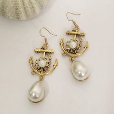 Nautical Anchor Earrings Hook Style Gold Tone And Faux Pearls New Anchor Flowers Nautical Beachy Vacation Cruise Casual Dressy Candy Corn Earrings, Anchor Earrings, Handmade Candy, Romantic Earrings, Betsey Johnson Earrings, Casual Dressy, Vacation Cruise, Nautical Jewelry, Nautical Anchor