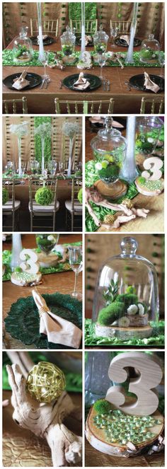 the table is set with green and white decorations