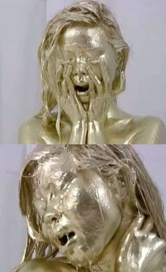 two pictures of the same woman's face with gold paint on her body and hands