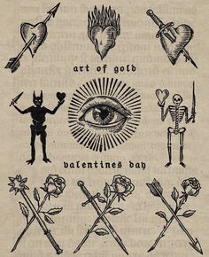 an old book with some drawings on it and the words art of goth valentine's day