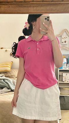 Men’s Polo Shirt Outfit Women, Polo Shirts And Skirts Outfit, Pink Lacoste Polo Outfit, Polo Shirt With Skirt Outfits, Preppy Polo Outfit Women, How To Style A Polo Shirt Women For Work