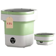 a green and white cooler with a tag on it's side next to another container