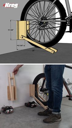 two images showing the same bike being used as a storage rack for shoes and other items