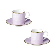 two purple coffee cups and saucers with gold rims on white background, set of 2