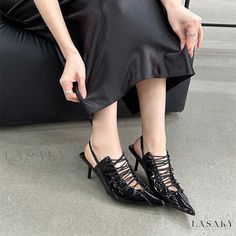 Lasaky - Stylish Hollow Out Pointed Toe Sandals with Front Ties and Thin Heels Shoe Sole, Pu Heels, Toe Sandals, Olivia Mark, Sandals, Heels