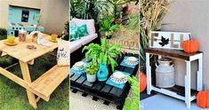 three different pictures of outdoor furniture with plants and potted plants on the sidelines