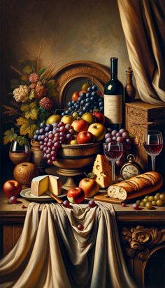 a painting of fruit and cheese on a table