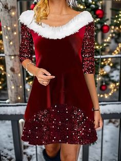 Christmas Velvet Sequin Patchwork V-Neck Dress Trendy Holiday Outfits, Womens Velvet Dresses, Weekend Festival, Christmas Dress Women, Womens Christmas Shirts, Red Velvet Dress, Dresses Casual Winter, Plain Dress, Red Sequin