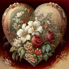 a heart shaped painting with flowers in it