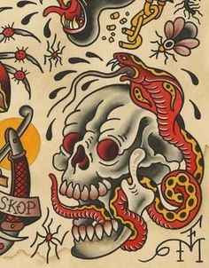 an old school tattoo design with a skull and snake