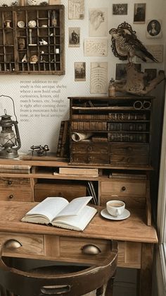 an old desk with some books on it