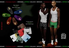 two black men standing next to each other in front of some socks and shorts on a dark background