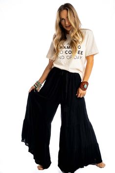 Ruffle Pants Outfit Women, Black Ruffle Pants, Ruffle Pants Outfit, Suede Fringe Skirt, Bohemian Clothes Women, Bohemian Pants, Three Bird Nest, Boho Style Outfits, Black Faux Leather Jacket