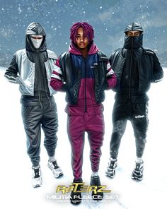 three people standing in the snow with skis on and one person wearing an all black outfit