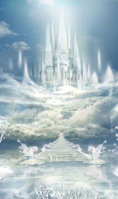 a castle in the sky with clouds and water around it, as well as birds