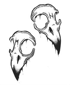 two black and white drawings of skulls on paper