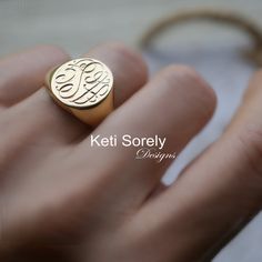 "Personalized large oval signet ring with monogram initials in precious metal s of your choice. Hand engraved round disc ring with your initials etched into the metal. Ring can be crafted in Sterling Silver, 10K Gold, 14K gold or 18K Gold. Order any initials and they will be hand engraved by our talented jewelers. Design by Keti Sorely. Metal options: - Sterling Silver  - Sterling Silver 0.925 with Yellow Gold overlay  - Sterling Silver 0.925 with Rose Gold overlay  Ring disc measures approximat Gold Oval Engraved Signet Ring, Luxury Engraved Rose Gold Signet Ring, Sterling Silver Monogram Signet Ring, Gold Oval Signet Ring With Engraving Option, Initials Engraved White Gold Ring, Luxury Monogram Initial Ring, Engraved Rose Gold Initial Ring Gift, Luxury Rose Gold Initial Ring, Luxury Rose Gold Monogram Jewelry