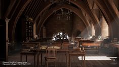 an old church with wooden tables and chairs