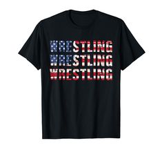 a black t - shirt with the words wrestling in red, white and blue stars