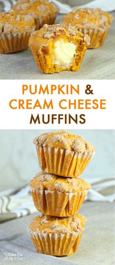 pumpkin and cream cheese muffins stacked on top of each other with text overlay