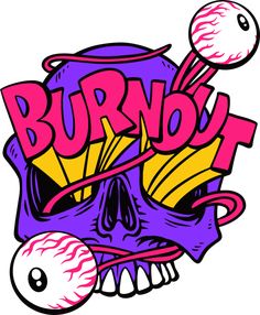 an image of a skull with baseballs and the word burn out on it's face