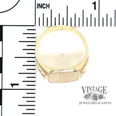 Discover the timeless elegance of our Vintage Deco 10ky Gold Signet Ring. Crafted with 10 karat solid gold and featuring decorative embossed shoulders, this ring is the perfect blend of vintage and modern. The convex rectangle center can be engraved with your own monogram or inscription, making it a unique and personal piece. Available in finger size 9. Estate Art Deco 10 karat solid gold signet ring with decortative shield shaped embossed shoulders. Convex rectangle shaped blank center, can be engraved with the monogram or inscription of your choice. Finger size 9. Gold Signet Ring, Signet Ring, Rectangle Shape, Timeless Elegance, Solid Gold, Art Deco, Monogram, Ring, Gold