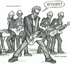 a drawing of some people playing guitars and one has a speech bubble above it that says do's