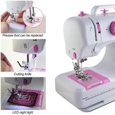 the sewing machine has instructions for how to sew on it's front and side