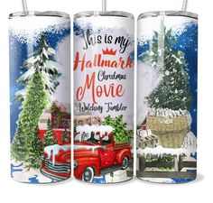 three christmas themed cans with trees and presents on them