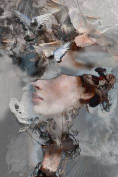 a woman's face with birds flying around her and the image is made up of multiple images